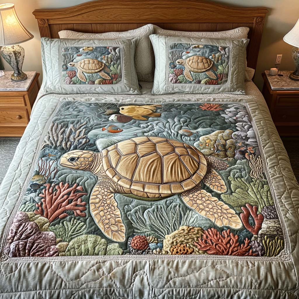 Completo letto trapuntato a 3 pezzi - Tartarughe Marine
