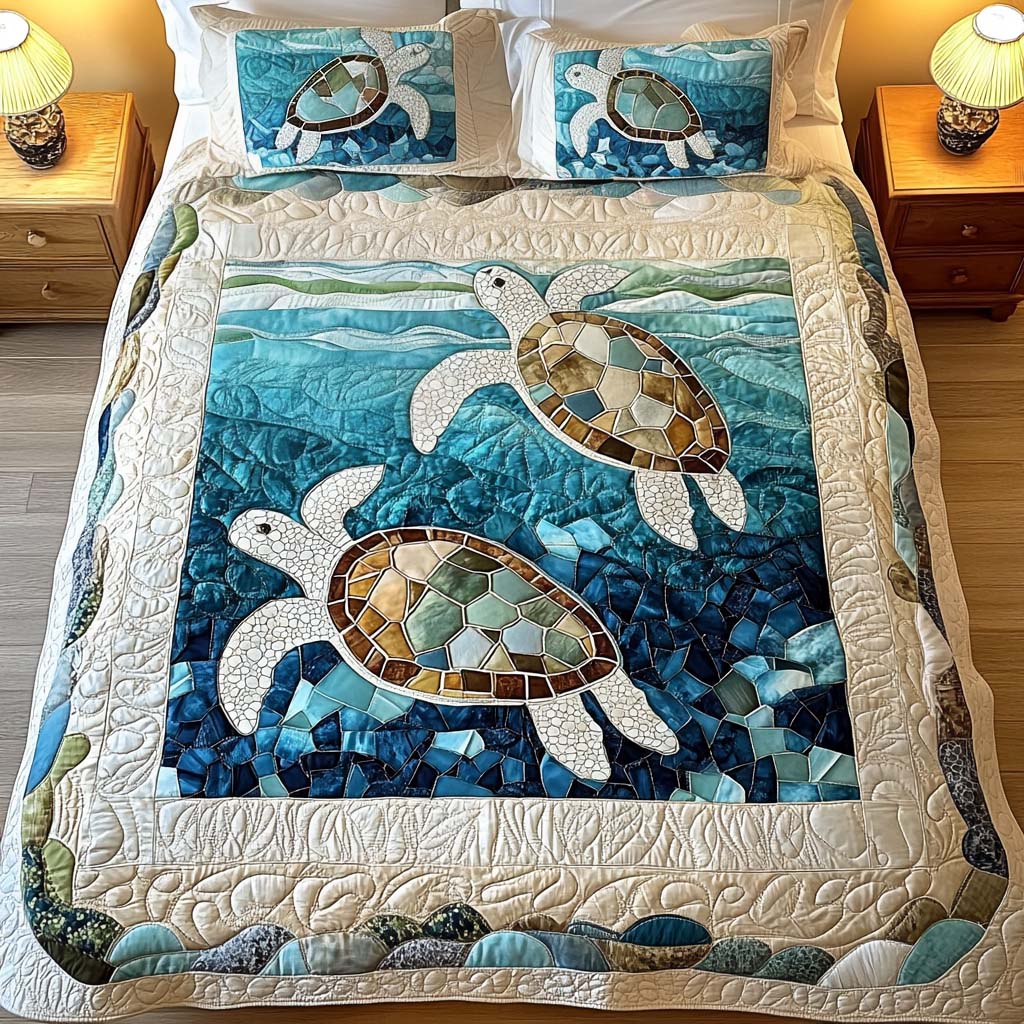 Completo letto trapuntato a 3 pezzi - Tartarughe Marine