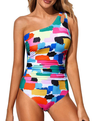 Bañador de un hombro Grace en estampado multicolor Cubos con fruncido en la cintura