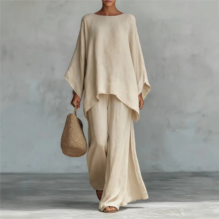 Lovina | Conjunto de lino con pantalón largo de pierna ancha y mangas largas