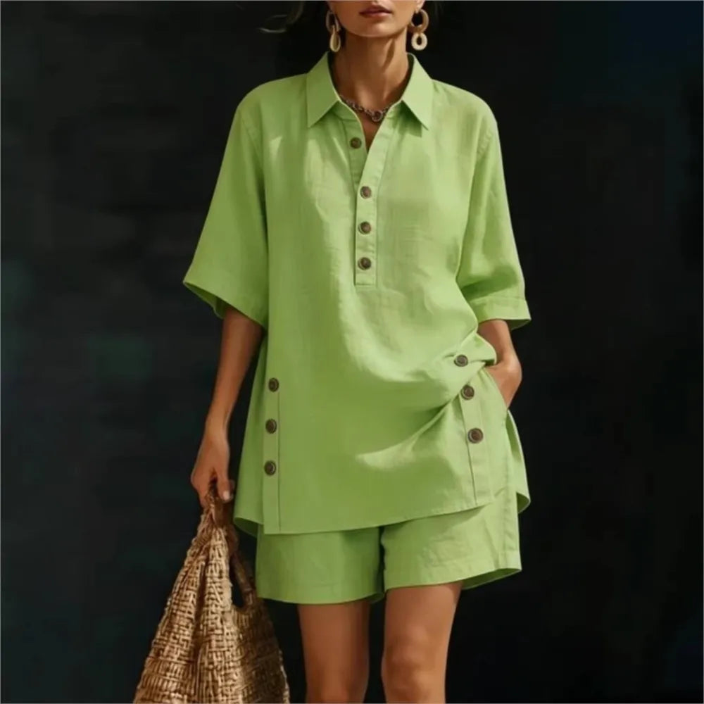 Solena | Camisa corta de manga corta con cuello de solapas y pantalones con bolsillos ribeteados