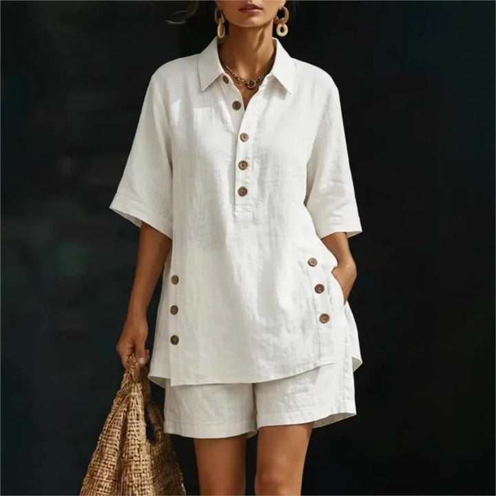 Solena | Camisa corta de manga corta con cuello de solapas y pantalones con bolsillos ribeteados