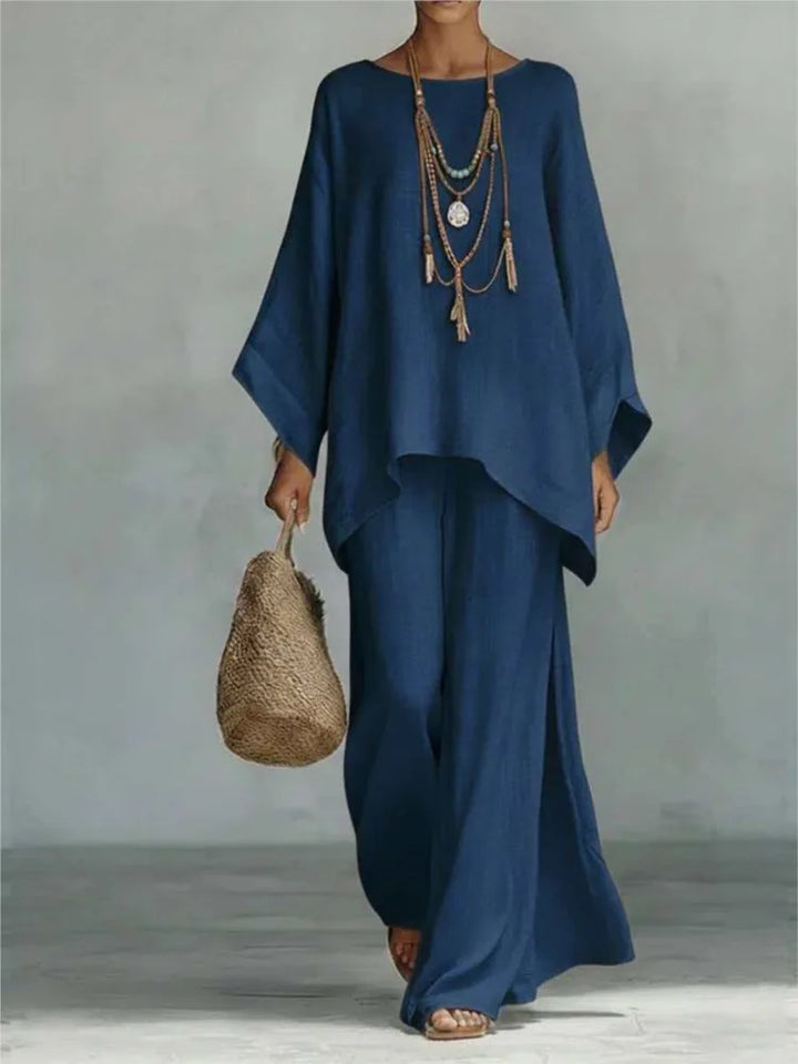 Lovina | Conjunto de lino con pantalón largo de pierna ancha y mangas largas