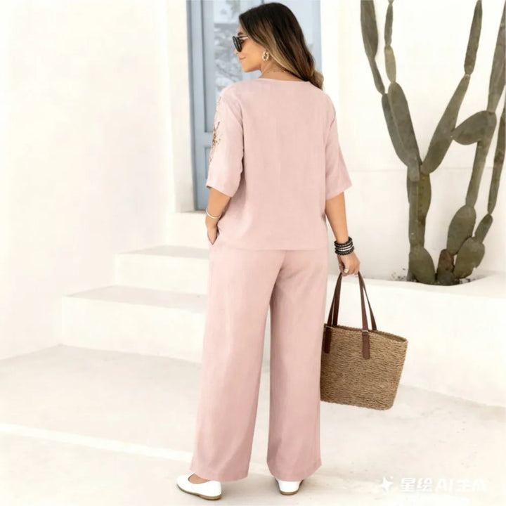 Felena | Conjunto de pantalón elegante de pierna ancha con bordados retro