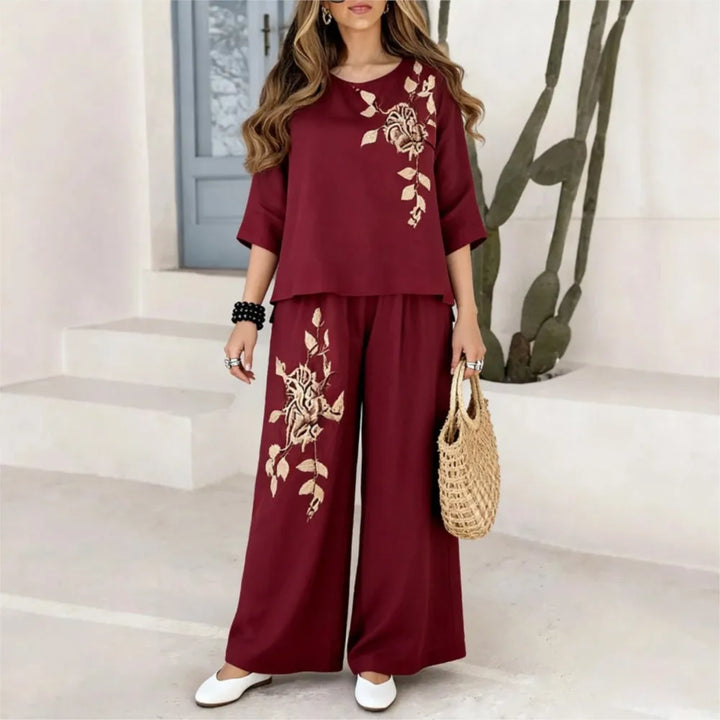 Felena | Conjunto de pantalón elegante de pierna ancha con bordados retro