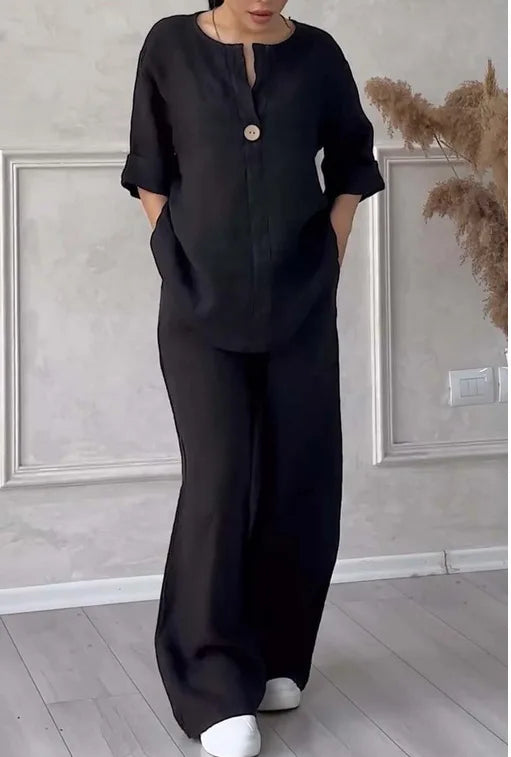 Mariana | Conjunto casual con top de cuello en V y mangas amplias