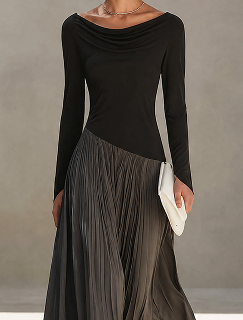 Amaranta | Vestido Largo Plisado Bicolor en Negro y Gris