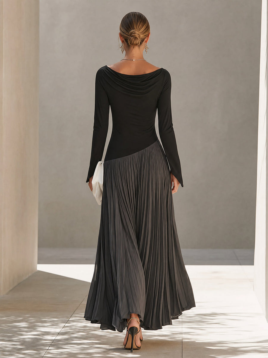 Amaranta | Vestido Largo Plisado Bicolor en Negro y Gris
