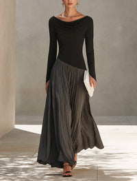 Amaranta | Vestido Largo Plisado Bicolor en Negro y Gris