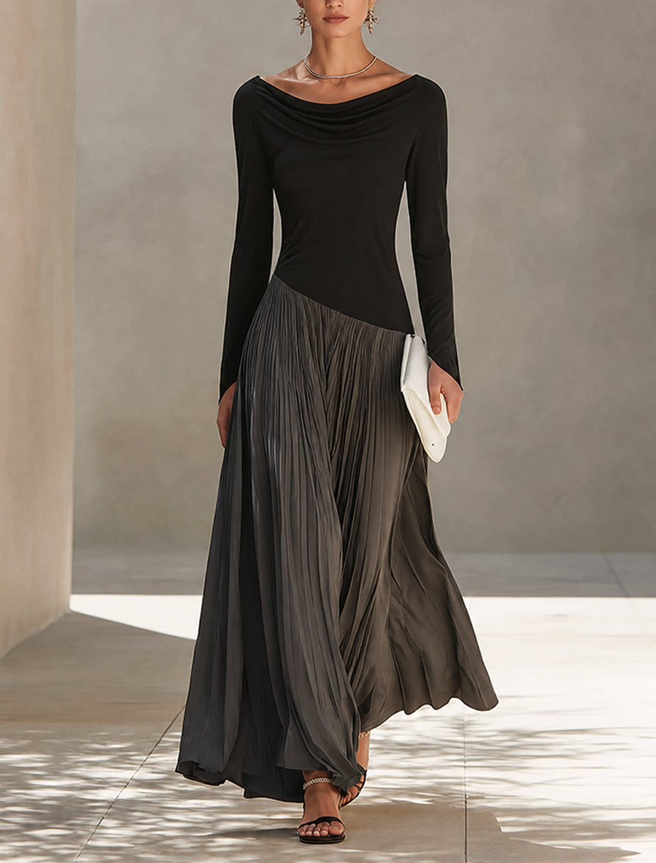 Amaranta | Vestido Largo Plisado Bicolor en Negro y Gris
