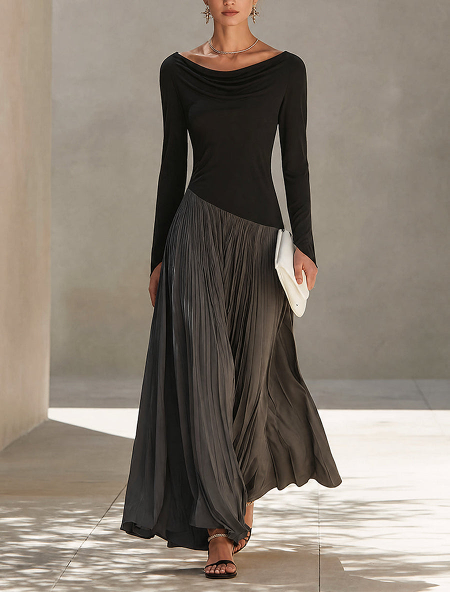 Amaranta | Vestido Largo Plisado Bicolor en Negro y Gris