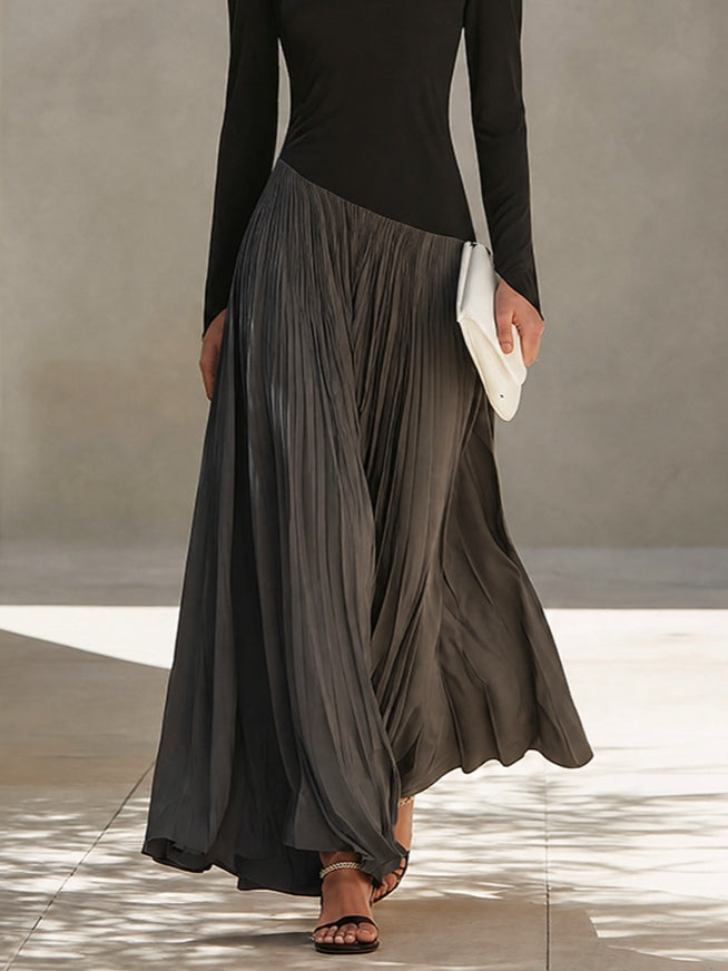 Amaranta | Vestido Largo Plisado Bicolor en Negro y Gris