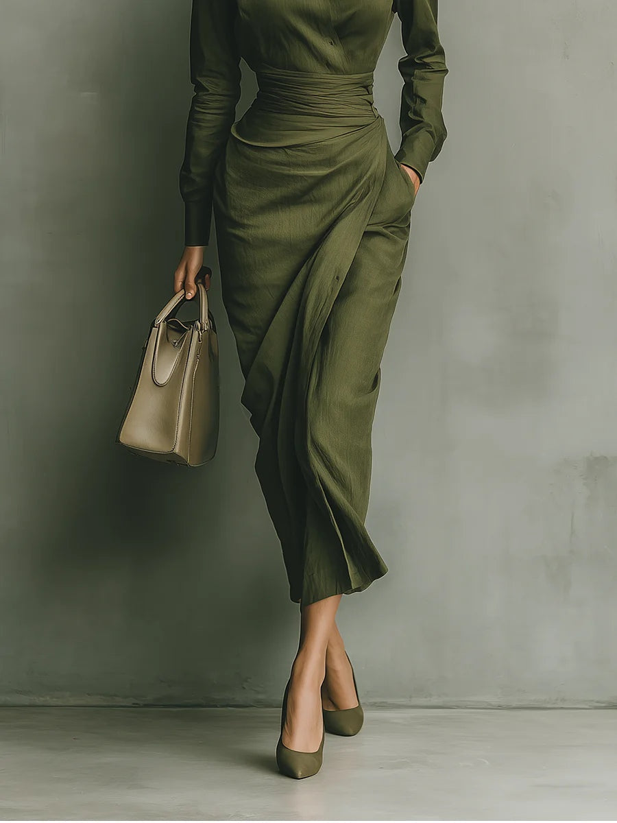 Army Green Cotton Blended Maxi Dress