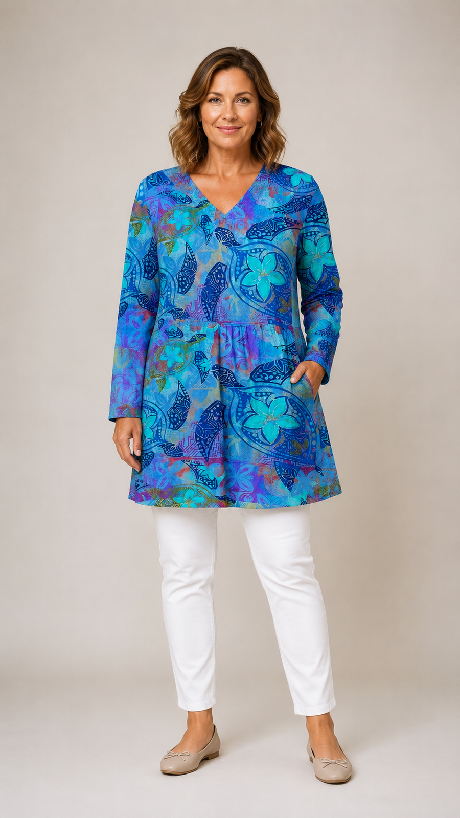 Blusa larga con escote en V, look completo