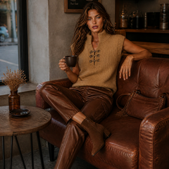 Chaleco de punto Pilar en camel, look de día