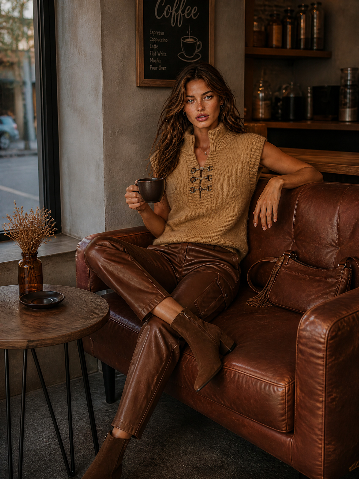 Chaleco de punto Pilar en camel, look de día