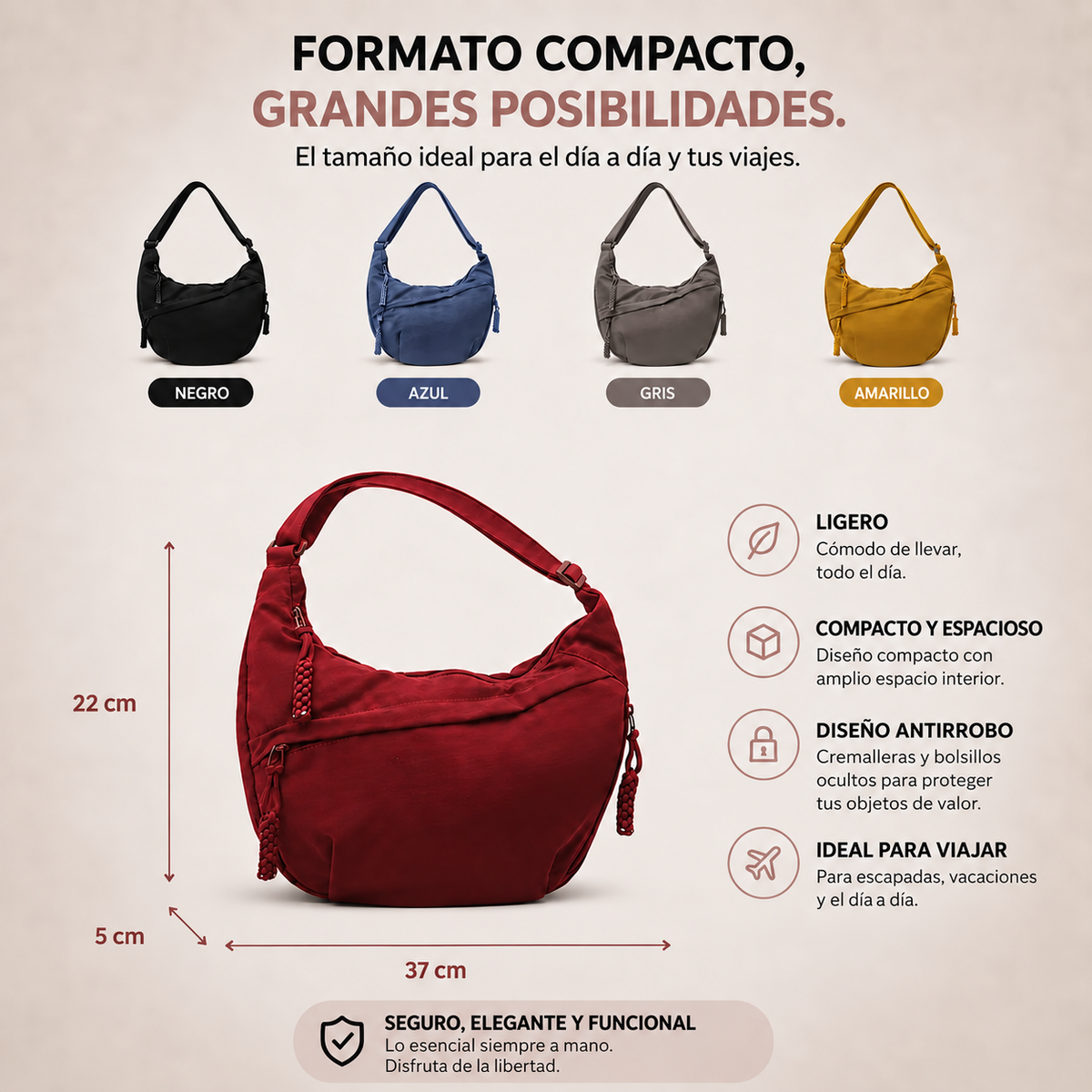 Bolso de hombro media luna, formato compacto y medidas