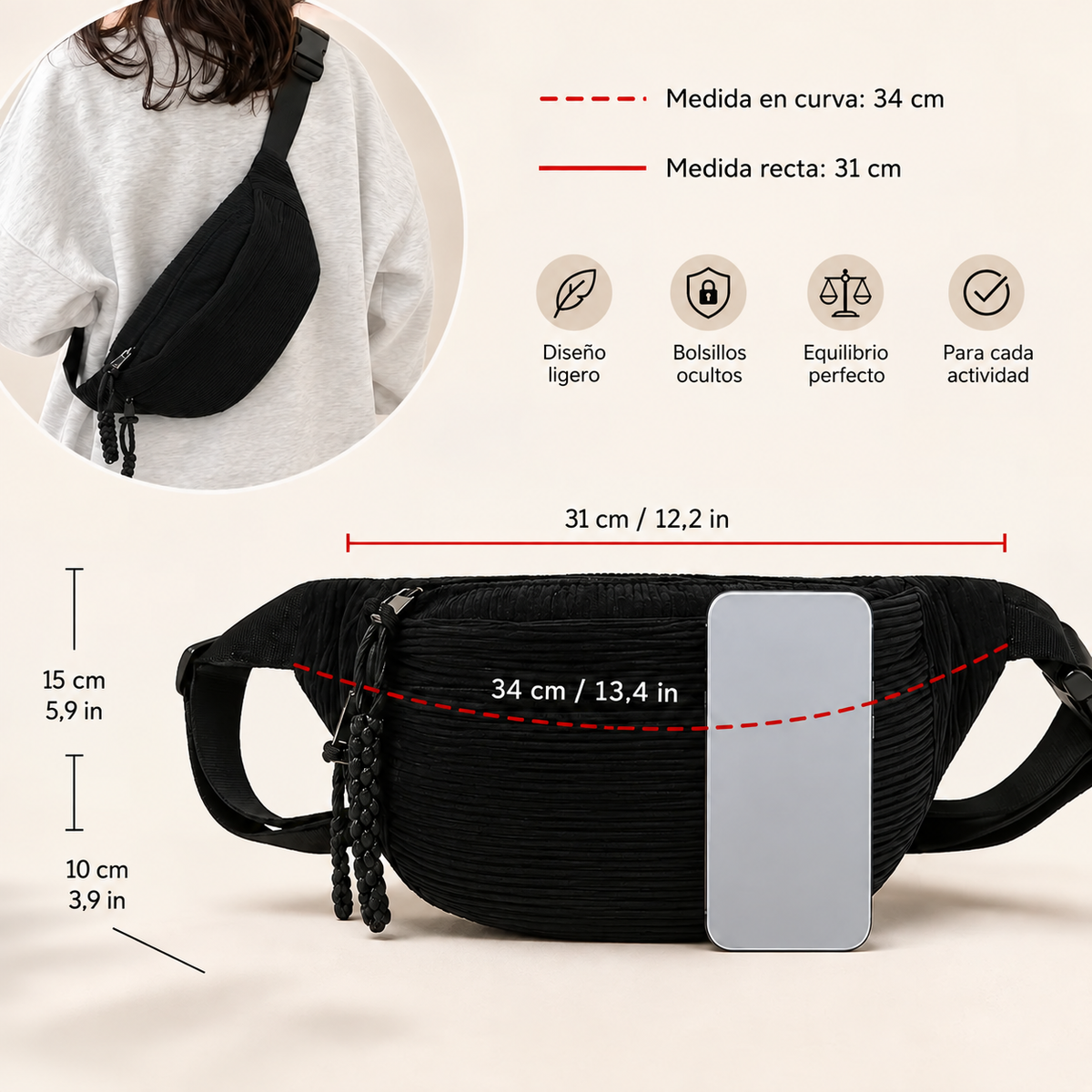 Bolso de pana, medidas y detalles