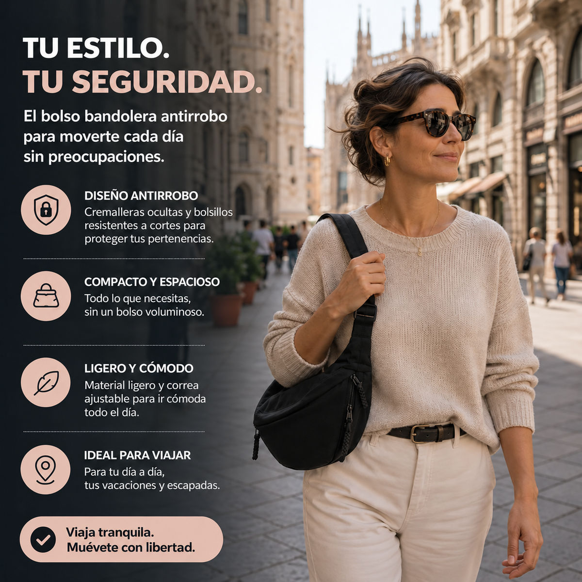 Bolso de hombro antirrobo negro, tu estilo y tu seguridad