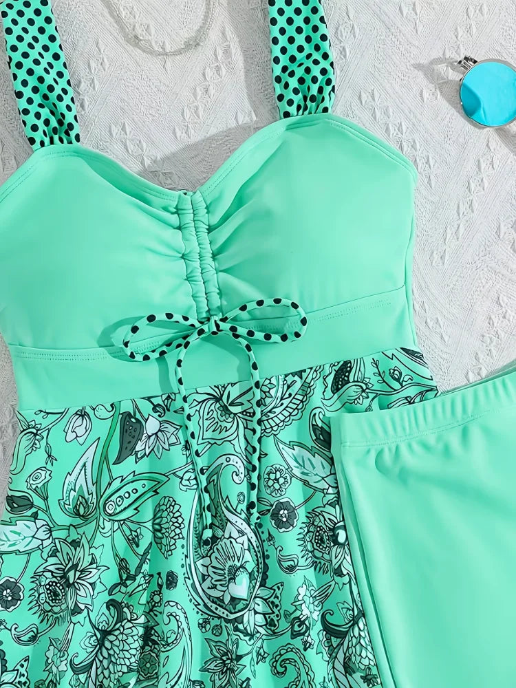 menta | Conjunto de vestido de baño floral que cubre el vientre