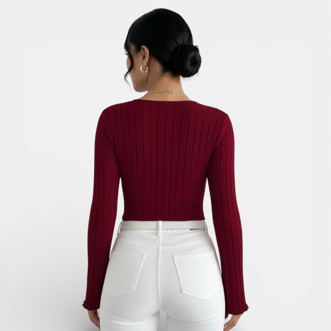 Camiseta Mujer Canalé Escote V Manga Larga