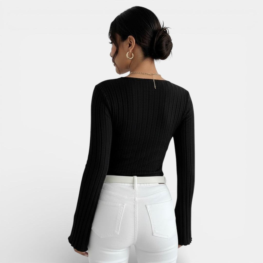 Camiseta Mujer Canalé Escote V Manga Larga