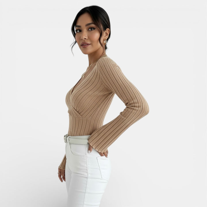 Camiseta Mujer Canalé Escote V Manga Larga