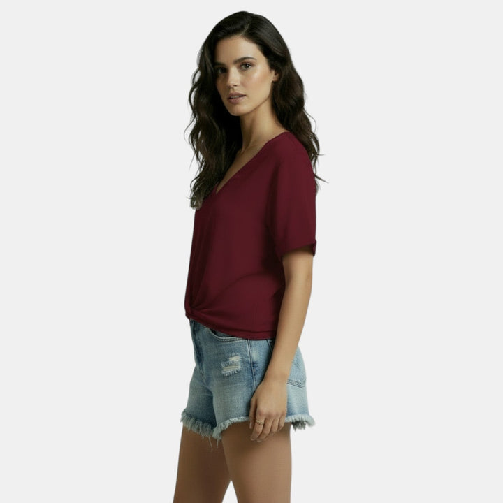 Camiseta Mujer Cuello V Nudo Irregular Casual Chic