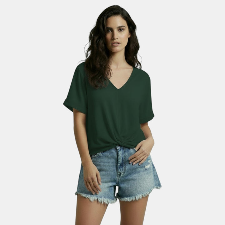 Camiseta Mujer Cuello V Nudo Irregular Casual Chic