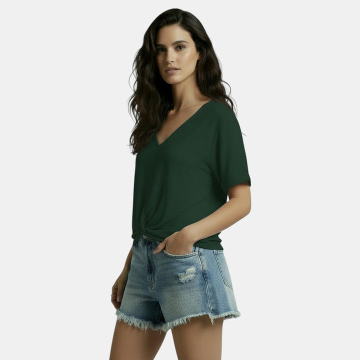 Camiseta Mujer Cuello V Nudo Irregular Casual Chic