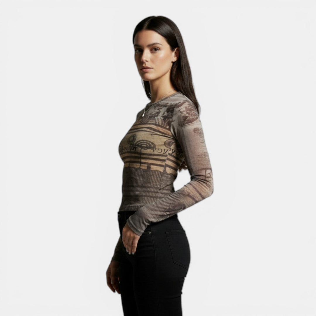 Camiseta Mujer de Malla Estampada Manga Larga Ajuste Ligero