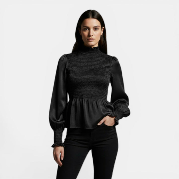Camiseta Mujer Elegante Cuello Alto Manga Larga Casual