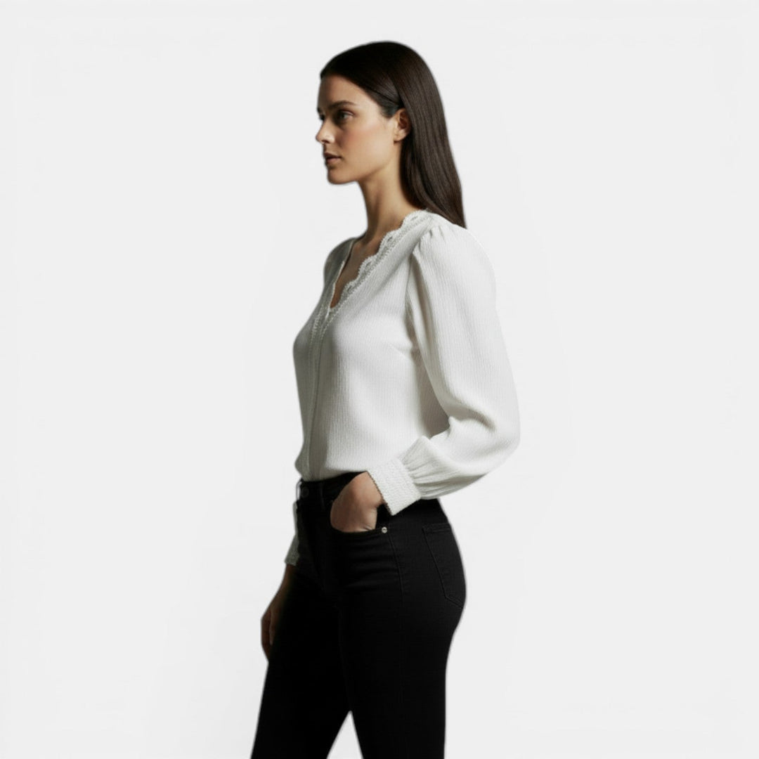 Blusa Mujer Encaje Manga Larga Escote en V
