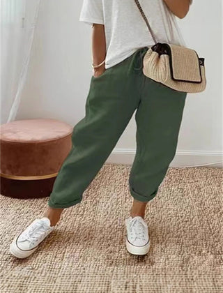 Pantalón Teresa en verde militar — cintura elástica sin botones