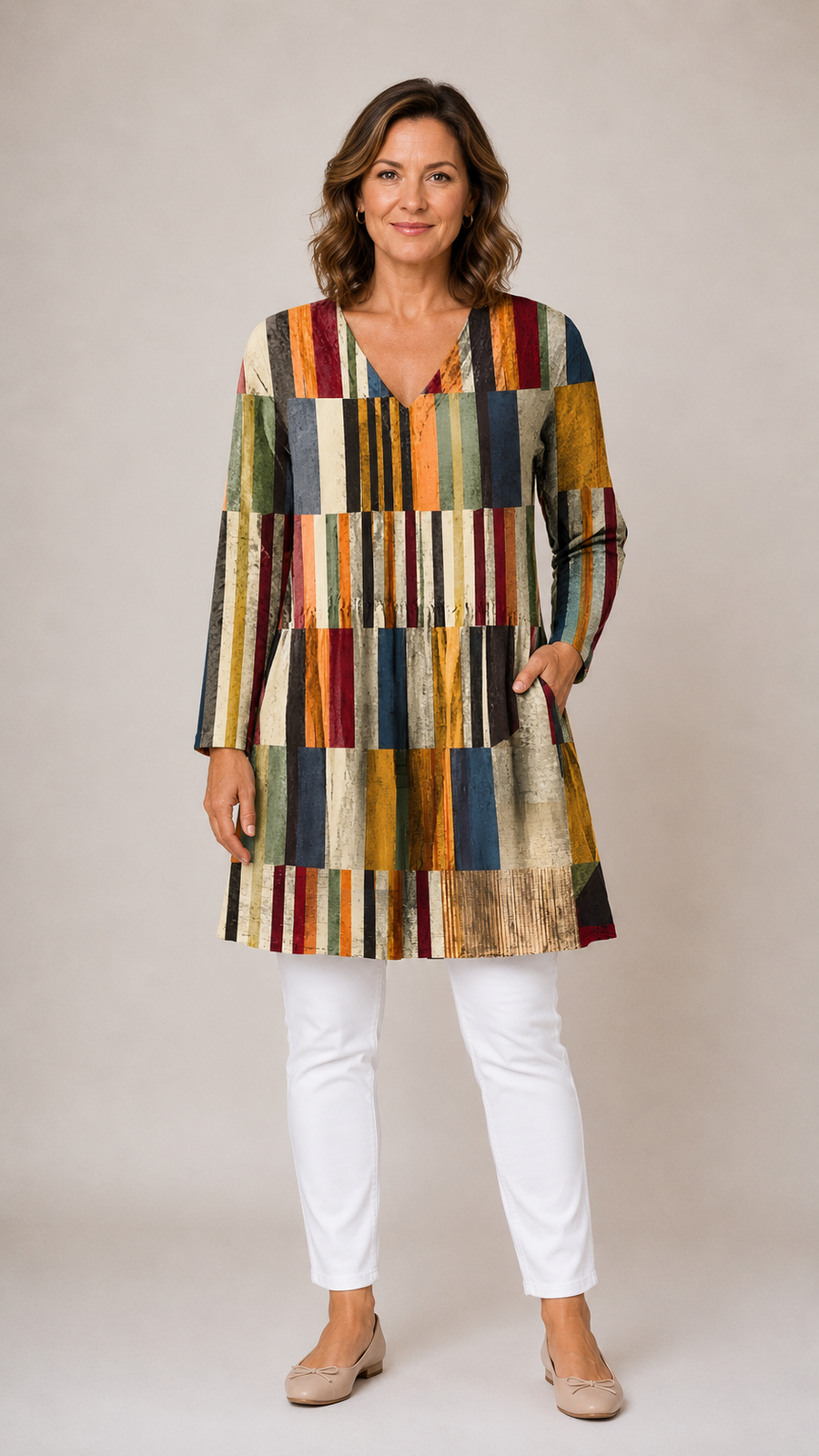 Blusa larga con escote en V, look completo