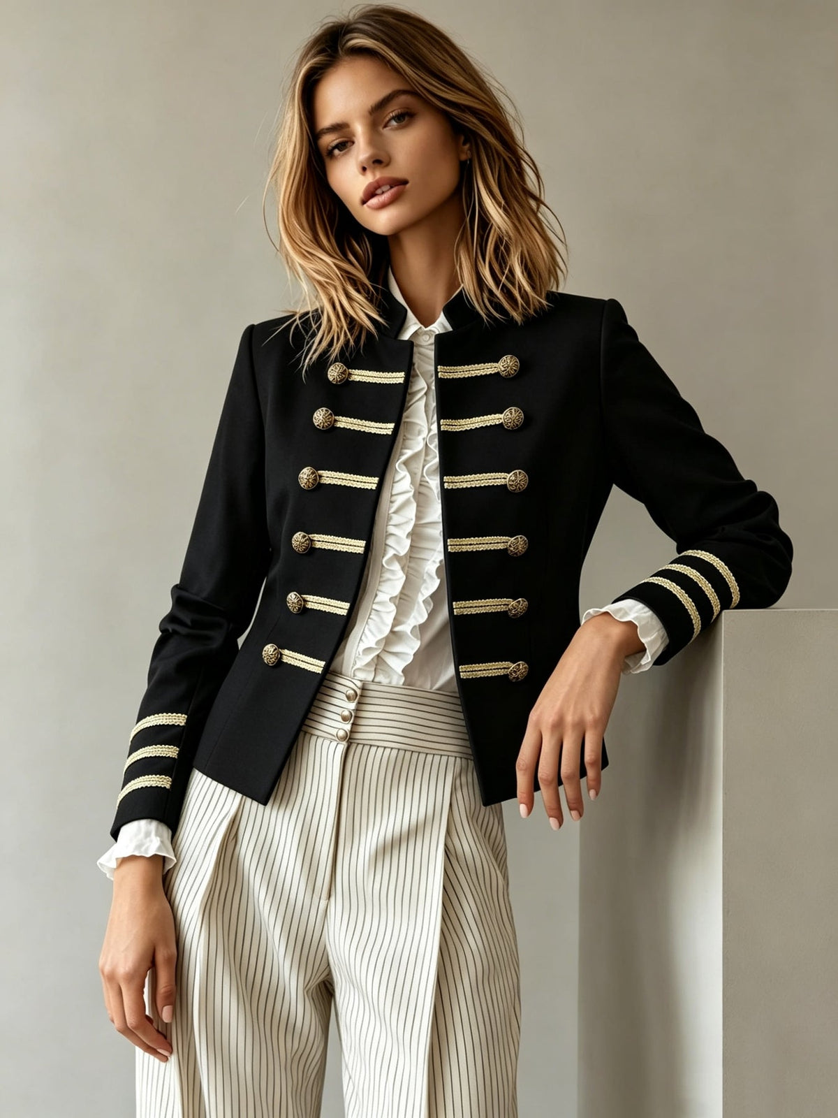 Chaqueta Rosalía en negro sobre camisa blanca y pantalón de raya diplomática
