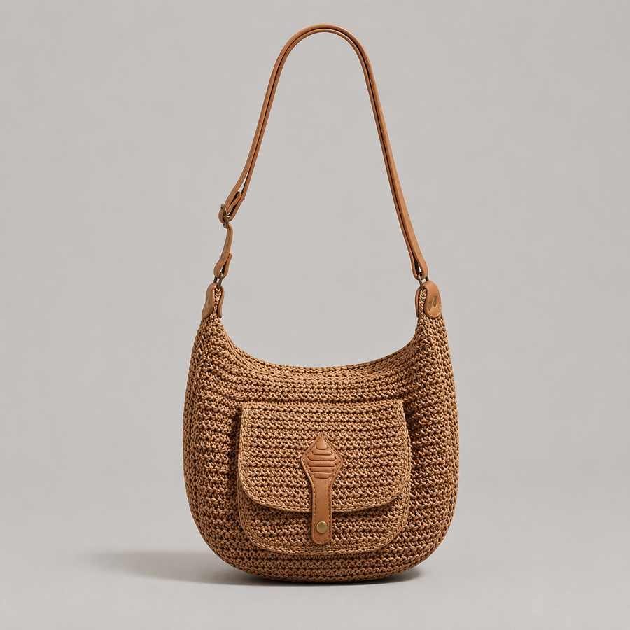 Bolso de hombro trenzado Clara en camel con bolsillo delantero con solapa — Valentina Massimo