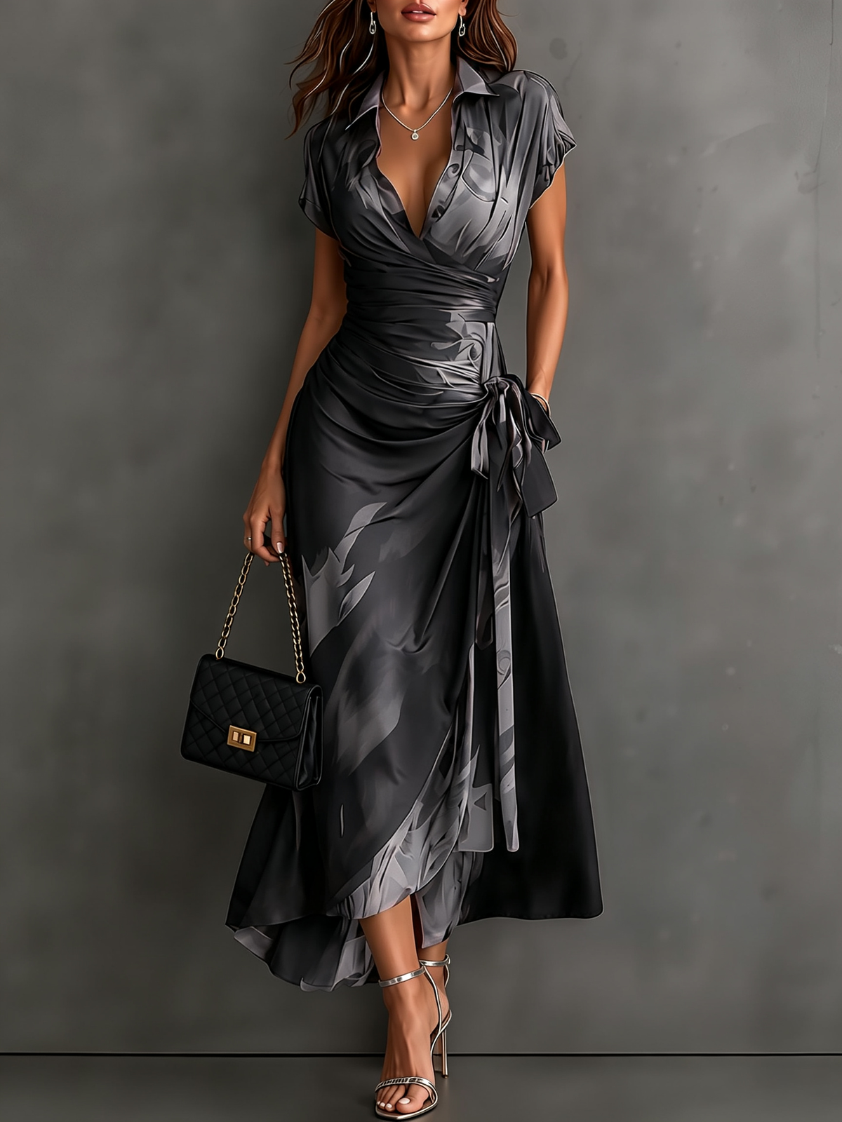 Emilia | Vestido Midi Cruzado con Estampado Abstracto y Bajo Asimétrico