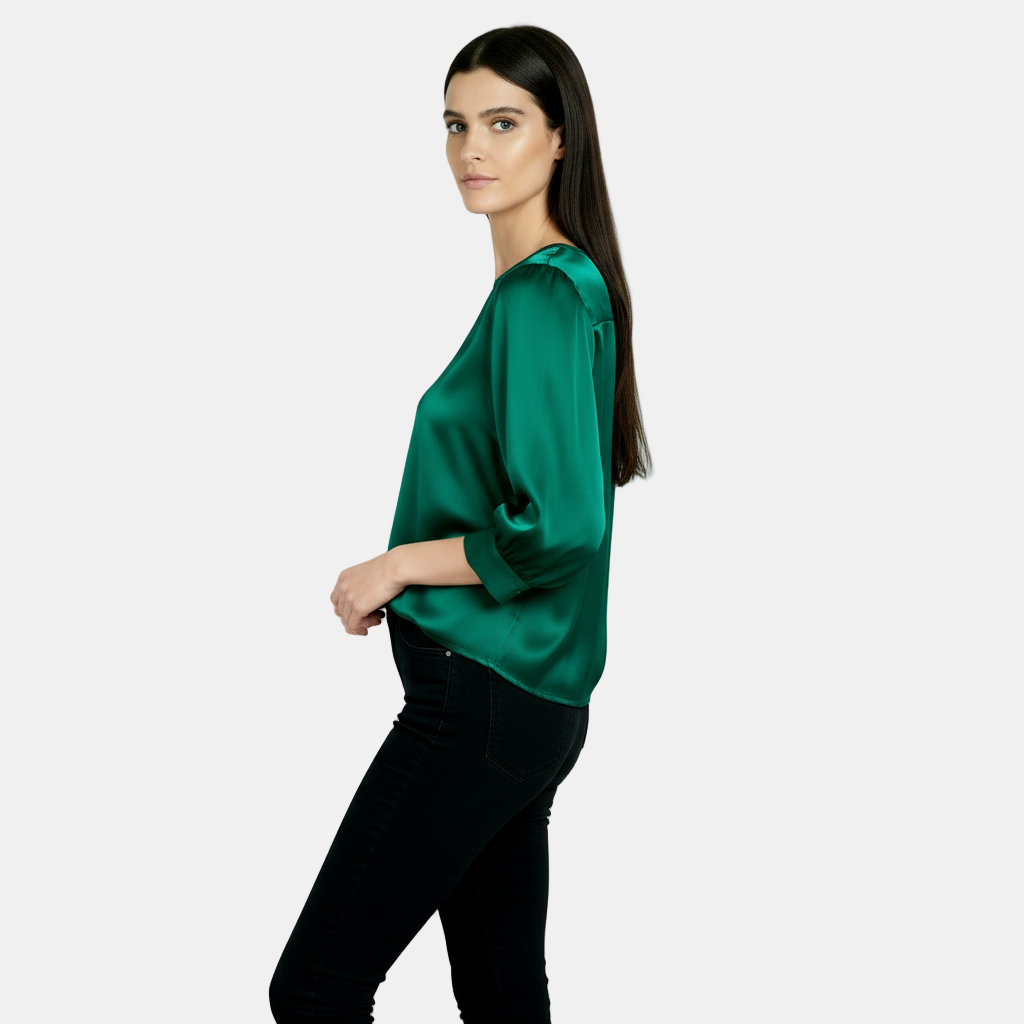 Blusa de Seda Satinada Para Mujer, Manga Corta - Camiseta Básica