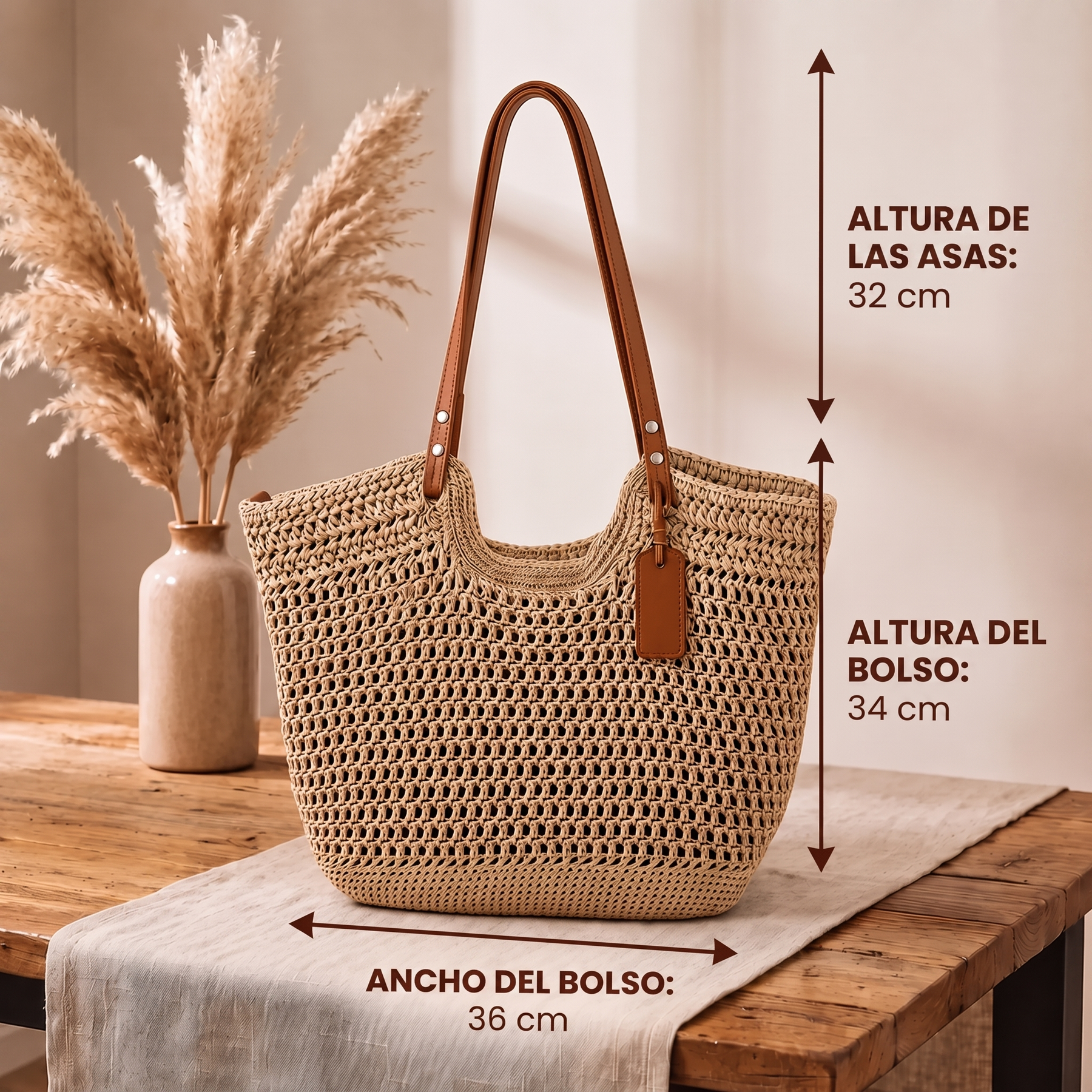 Guía de medidas de la shopper: 36 cm de ancho × 34 cm de alto · asas 32 cm