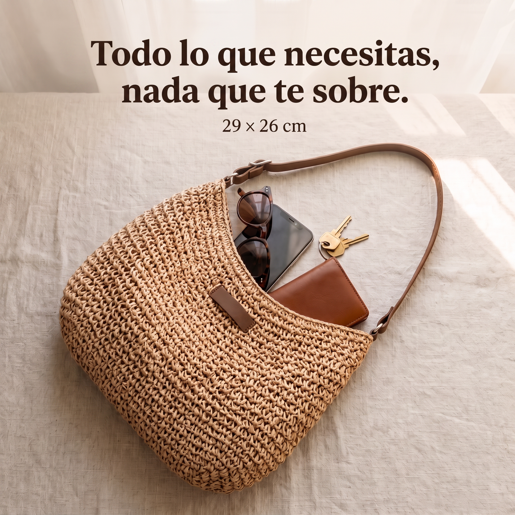 Bolso bandolera con lo esencial del día: gafas, móvil, llaves y cartera — 29 × 26 cm
