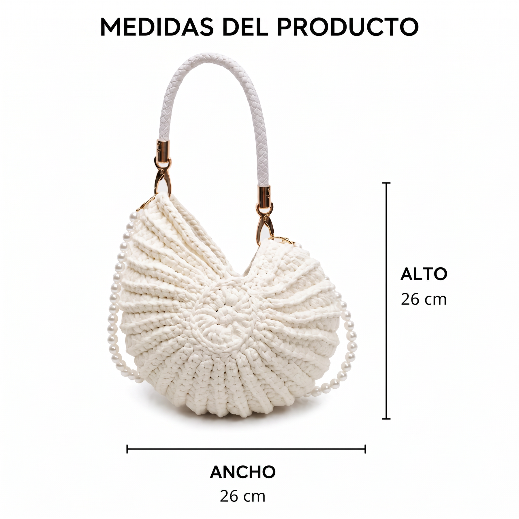 Guía de medidas del bolso concha: 26 × 26 cm
