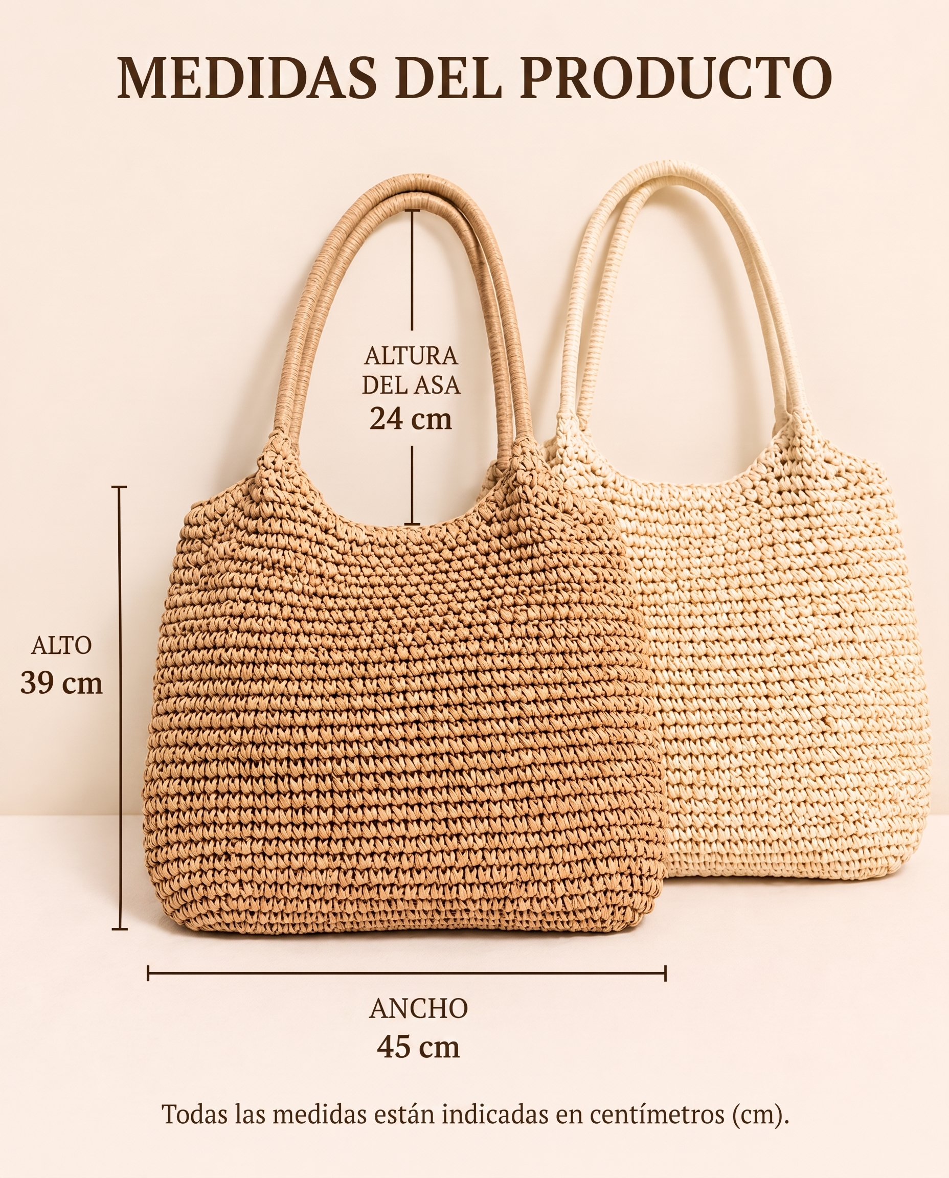 Guía de medidas del bolso capazo: 45 cm de ancho × 39 cm de alto · asas 24 cm