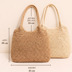Guía de medidas del bolso capazo: 45 cm de ancho × 39 cm de alto · asas 24 cm