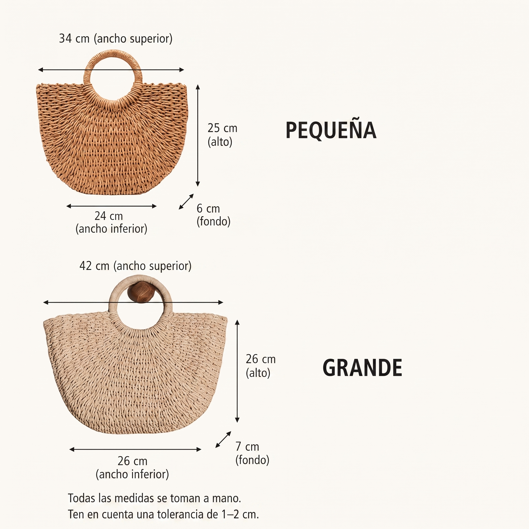 Guía de tallas del bolso media luna: Pequeña y Grande con medidas