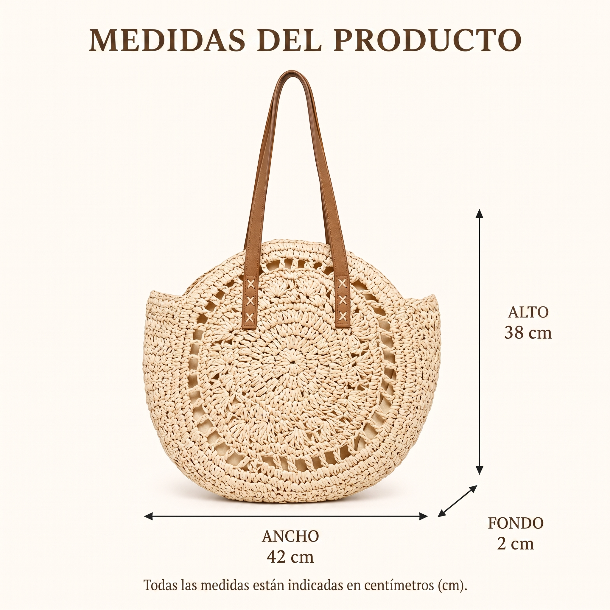 Guía de medidas del bolso redondo: 42 × 38 cm