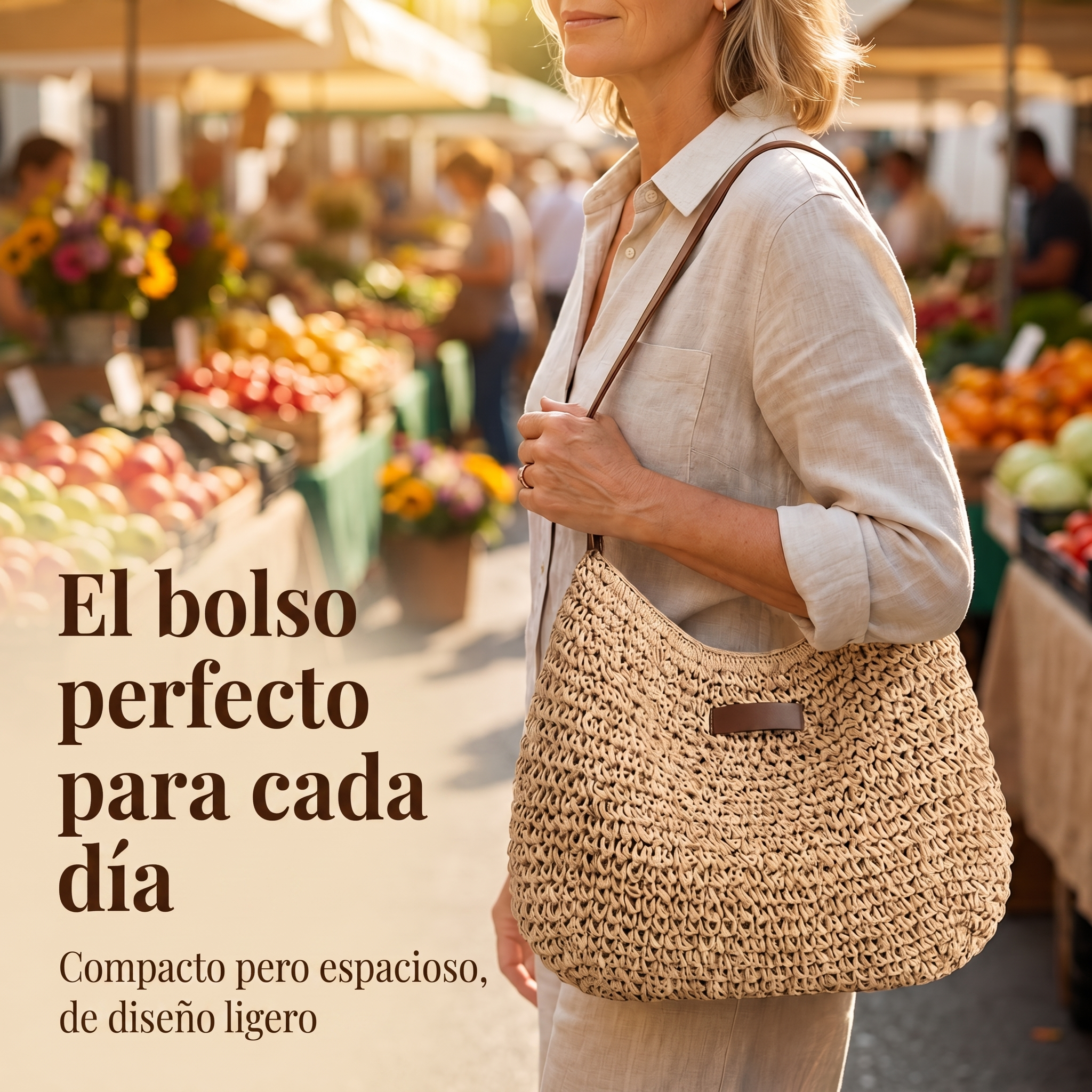 Mujer en el mercado con el bolso de ganchillo — el bolso perfecto para cada día