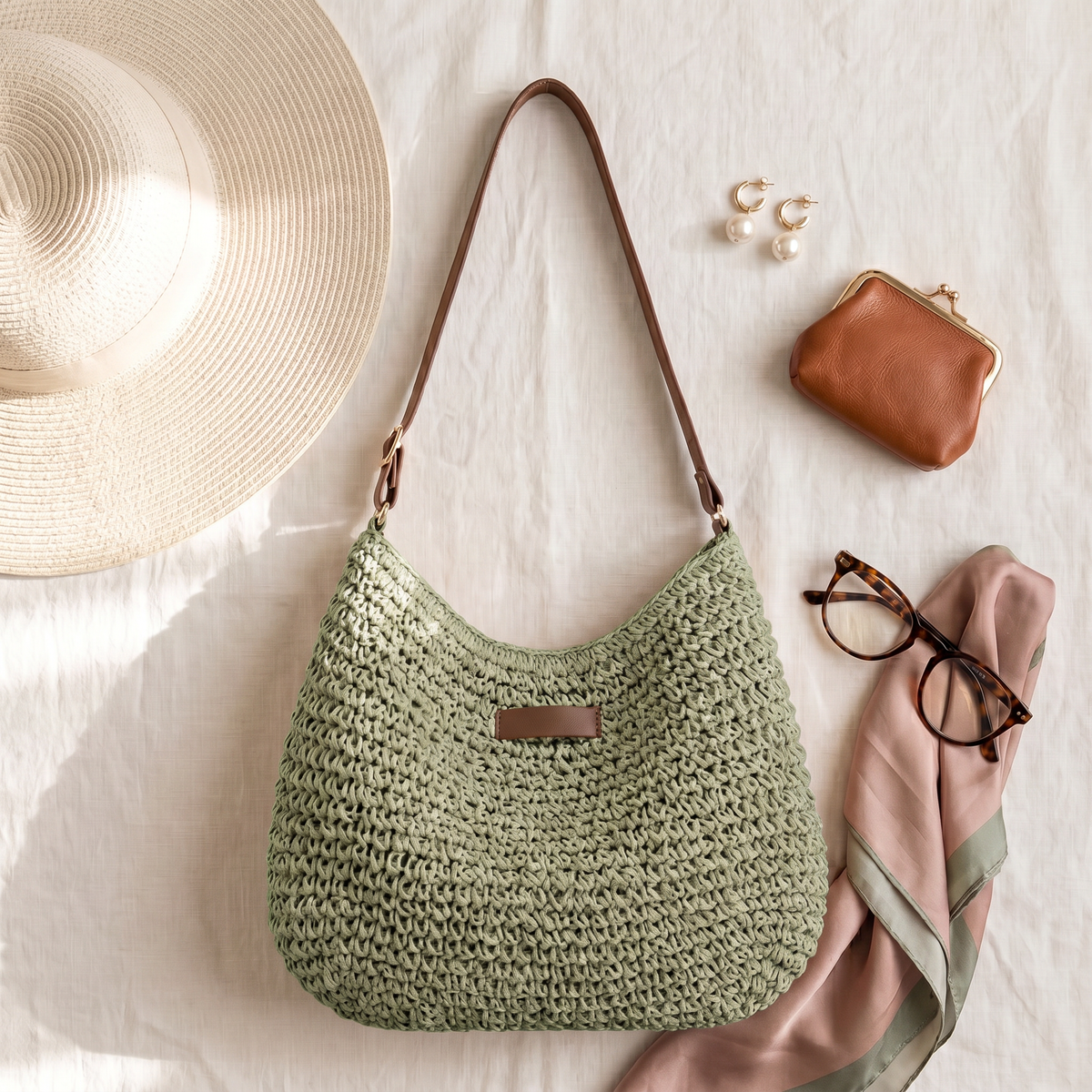 Bolso trenzado en verde salvia sobre lino claro junto a un sombrero, un monedero y gafas