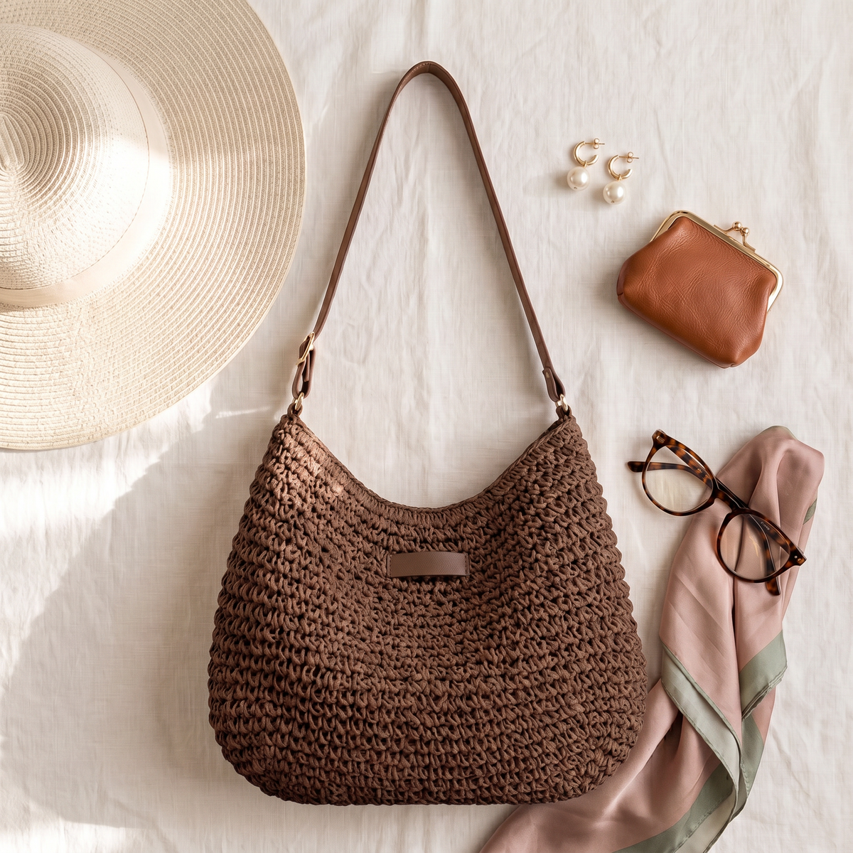 Bolso trenzado en marrón chocolate sobre lino claro junto a un sombrero, un monedero y gafas