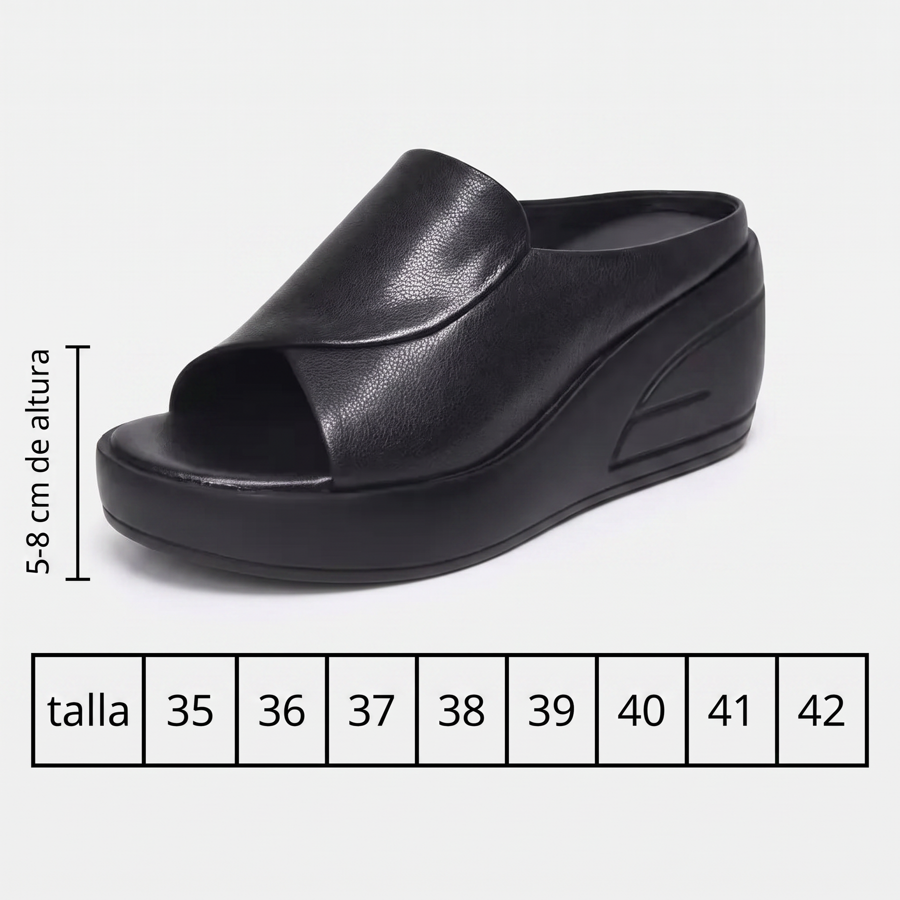 Guía de tallas de las mules Julie: de la 35 a la 42, cuña de 5-8 cm de altura
